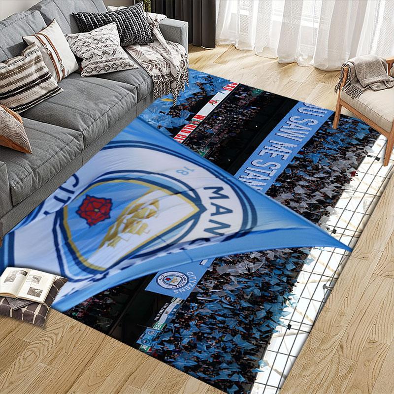 Man City Flannel Printed Carpet, Home Sofa Decoration for Living Room & Bedroom, Non‑Slip Play Flannel Floor Mat for Game Room