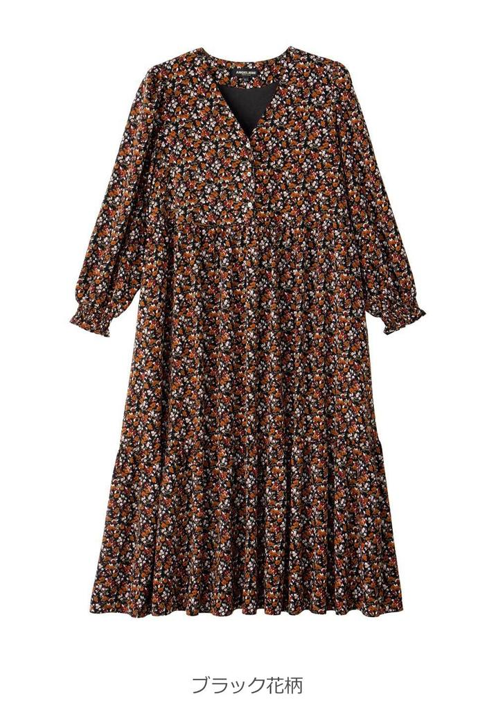 Платье для беременных объемное многоярусное с цветочным принтом длинное V-образный вырез черное с цветочным принтом 10131202 [ANGELIEBE] Платье, Рукава, Подол, Узор, Платье, Дородовое, Послеродовое, На подкладке, Рукав, Вырез,