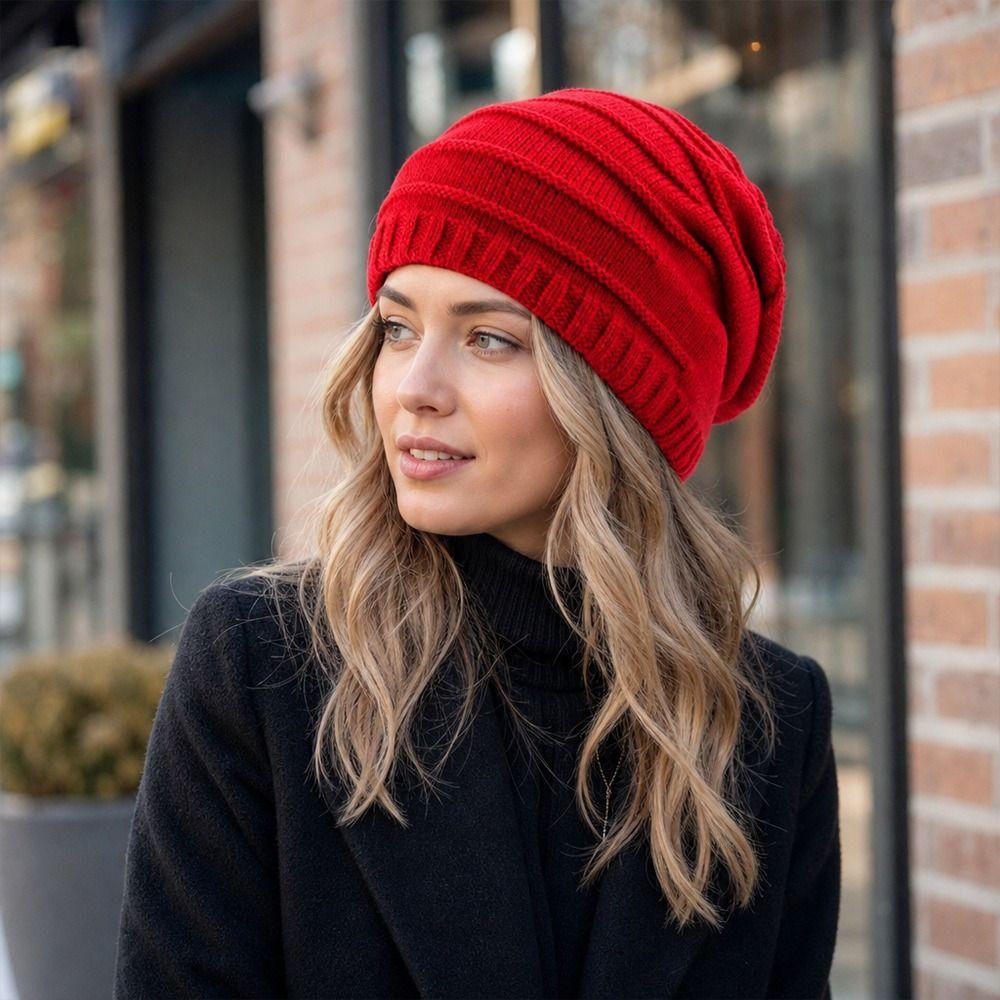 Stripe Knit Texture Knit Slouch Hat Solid Color Unisex Beanie Cap New Slouchy Beanie