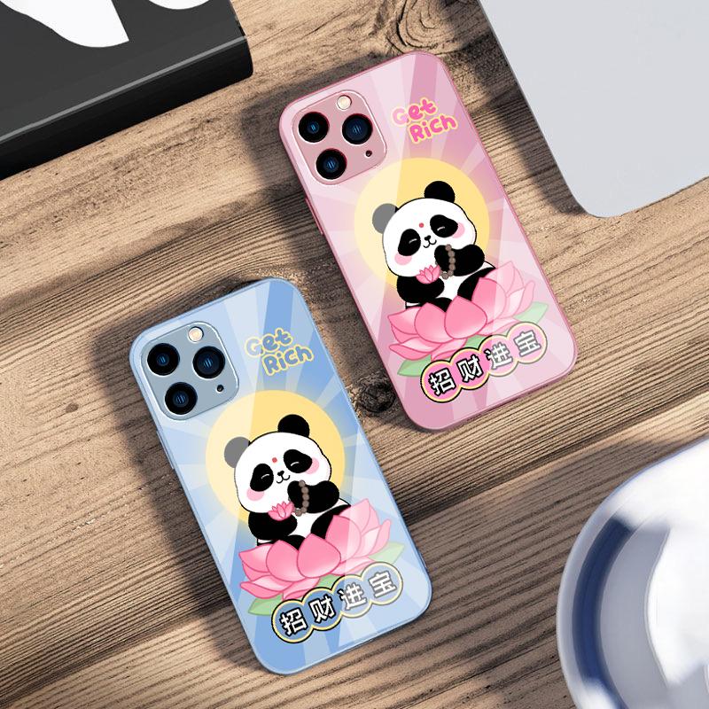 Чехол для телефона из закаленного стекла Сидящая панда лотос для iPhone 16 Pro Max 15 Pro 14 13 12 Mini 11 XS Max XR 7 8 Plus SE 2022