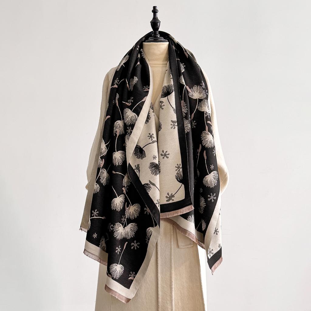 Winter Warm Cashmere Feather Scarf for Women Luxury Jacquard Pashmina Shawl Wrap Neckerchief Female Design Echarpe Bufanda