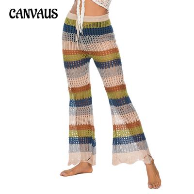 Женские брюки, расклешенные брюки, полые брюки, вязаные пляжные брюки на шнуровке