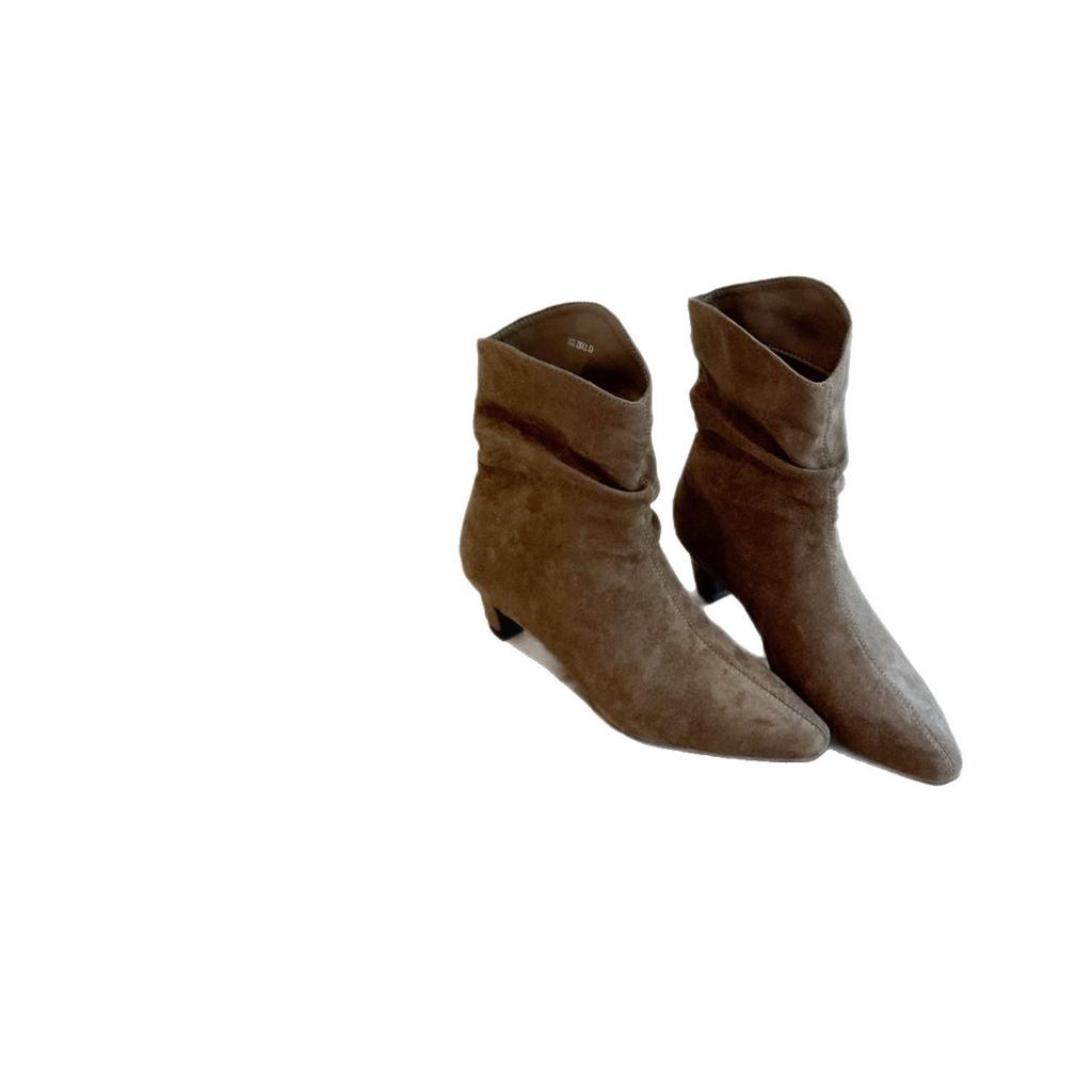 2025 осень новые ботильоны на наборном каблуке женские матовая кожа острый носок низкий каблук короткие ботинки женские ботильоны в западном ковбойском стиле