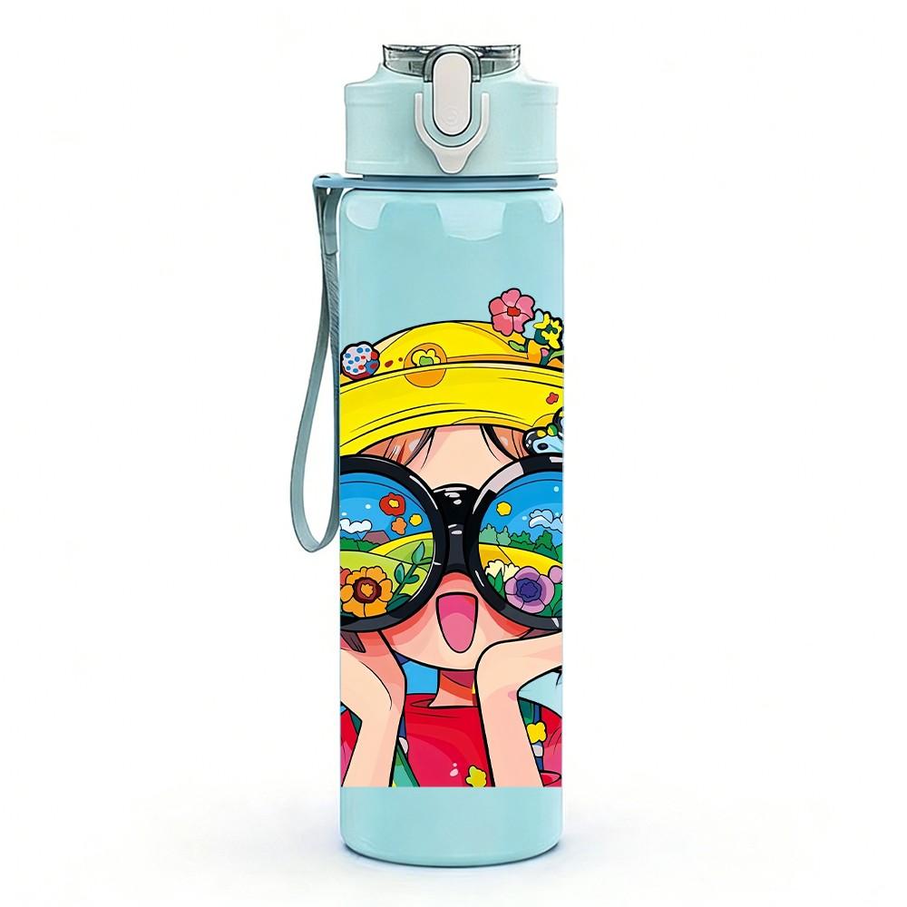 1PC Girl Summer Beach Sunglasses Print 750ml Color Plastic Sports Water Bottle Leakproof Flip Straw Lid Suitable for Sports Office Home Use