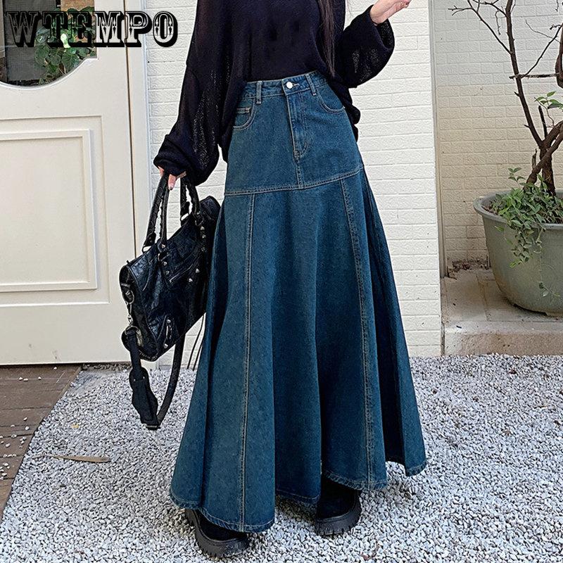 WTEMPO Длинная винтажная синяя джинсовая юбка, женская весенне-осенняя элегантная универсальная юбка с высокой талией, уличная одежда