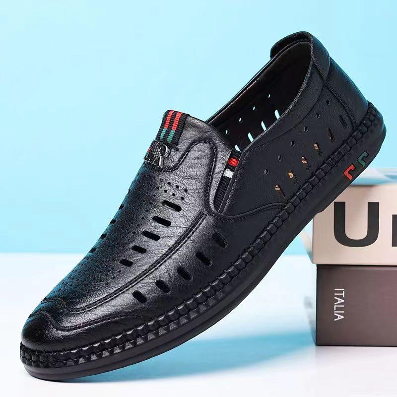 New Men Genuine Leather Sandals, Business Perforated Hollow Dad Leather Shoes, White Soft Sole Hollow-out Casual Footwear
