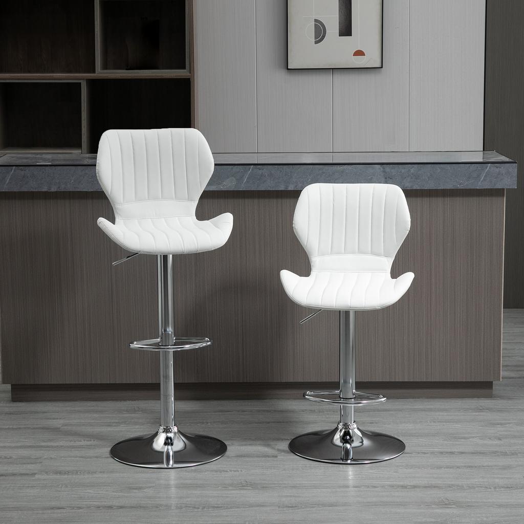 Bar Stools, Set of 2 Swivel Kitchen, Faux Leather, Backrest, 47 x 51.5 x 92-114 cm, White