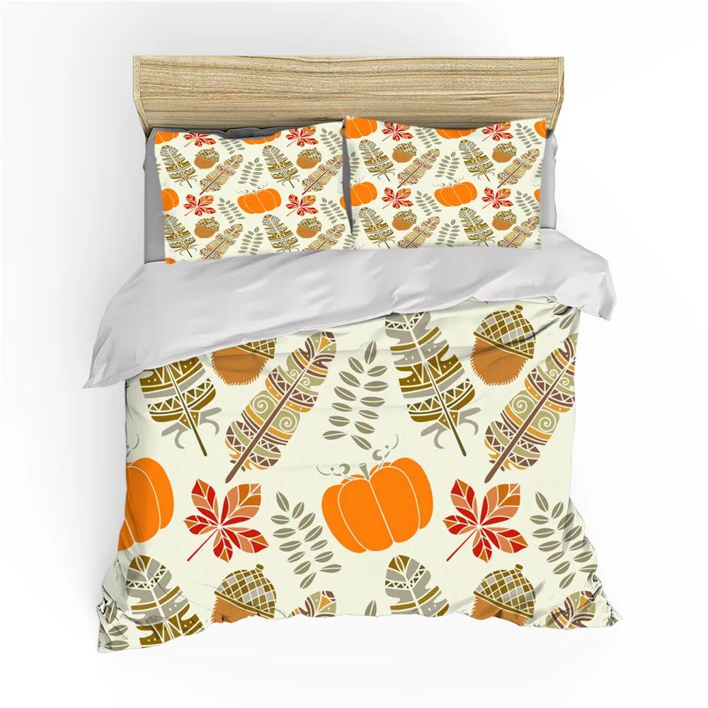 Autumn Thanksgiving Day Duvet Cover King Queen Cartoon Orange Pumpkin Turkey Bedding Set Maple Leaves Soft Polyester Quilt Cover