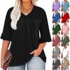 Women's Fashion Casual Solid Color Printed V-Neck Pleated Seven Minute Sleeve Ruffle Sleeve T-Shirt Plus Size Tops