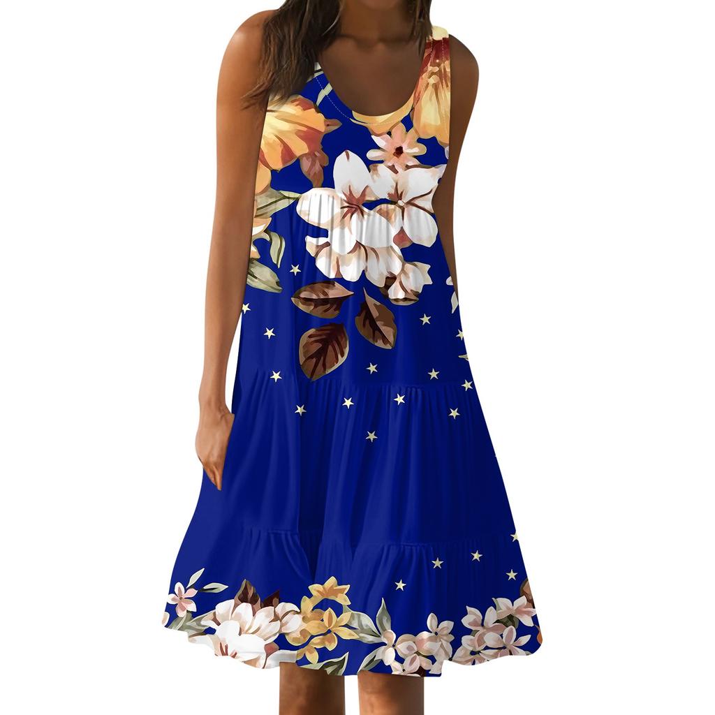 Гавайское платье для женщин, летние весенние плиссированные богемные платья, милые струящиеся пляжные платья без рукавов, прямые платья-майки, платья с круглым вырезом