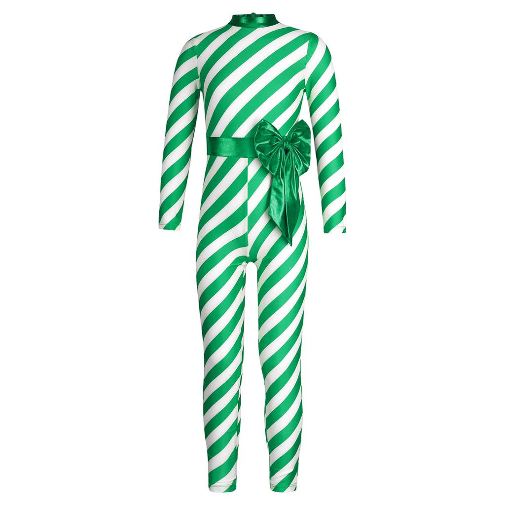Kids Girls Candy Cane Striped Christmas Costume Long Sleeve Bow-knot Long Bodysuit Dance Jumpsuit Costume Dancewear