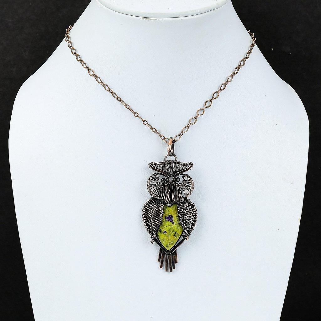 Подвеска из стихтита, медная проволочная обертка, сова, драгоценный камень, проволочная обертка, ювелирное изделие, подвеска ручной работы, подарок для женщин, антикварные медные украшения