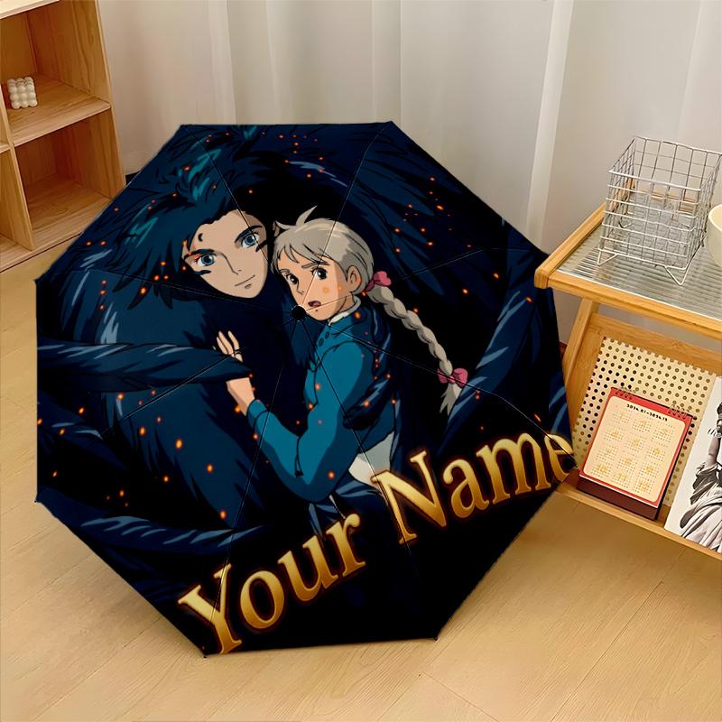 Custom Text Automatic 8 Bone Umbrella, Portable Sun Rain Protection UmbrellaHowl's Moving Castle