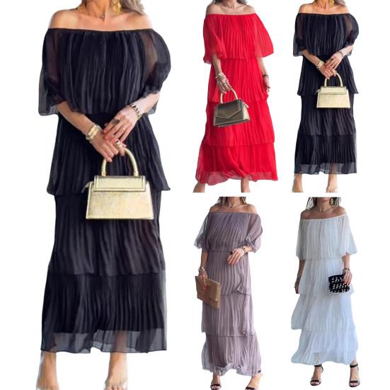Летнее женское платье с открытыми плечами, многослойное разбросанное подол с рюшами, плиссированное однотонное шифоновое платье с половиной рукавов для выпускного вечера, вечерние макси-платье