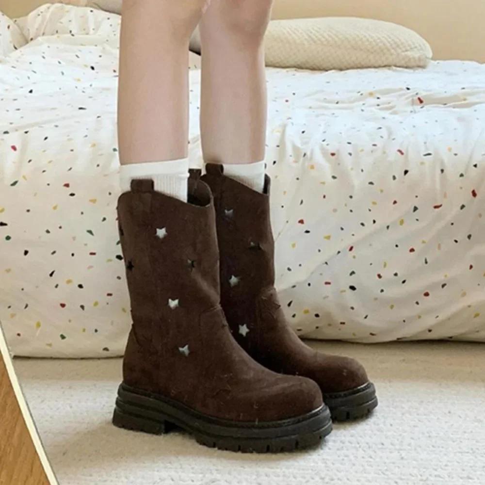 Звезды без застежек до середины икры сапоги ажурная платформа толстый каблук средний круглый носок женские туфли милые сапоги для отдыха для женщин