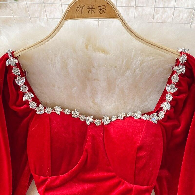 Новое осеннее вечернее платье Хепберн с разрезом на бедрах, сексуальное темпераментное бархатное платье с квадратным вырезом и бриллиантами, золотое бархатное платье
