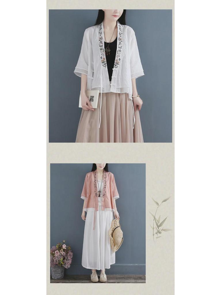 Хлопковая рубашка в китайском стиле в стиле ретро: Женский кардиган из двух частей со средним рукавом и косым воротником