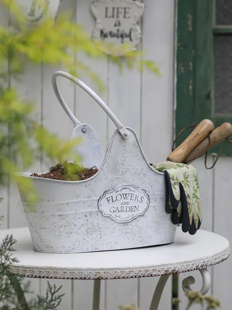 Металлическая кованая корзина для цветов, предметы интерьера, хранение инструментов во дворе, подвесная корзина, сад, балкон, европейский ретро-стиль, украшение