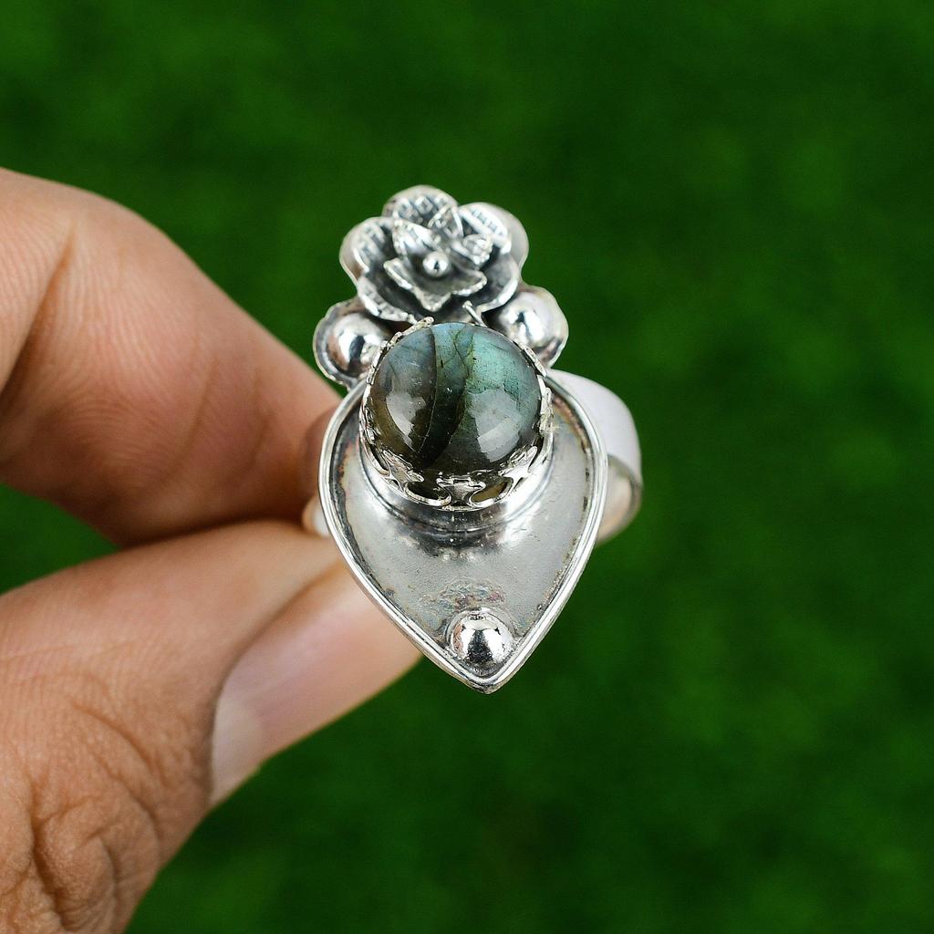 Natural Labradorite Gemstone Statement Flower Adjustable Ring 925 Silver