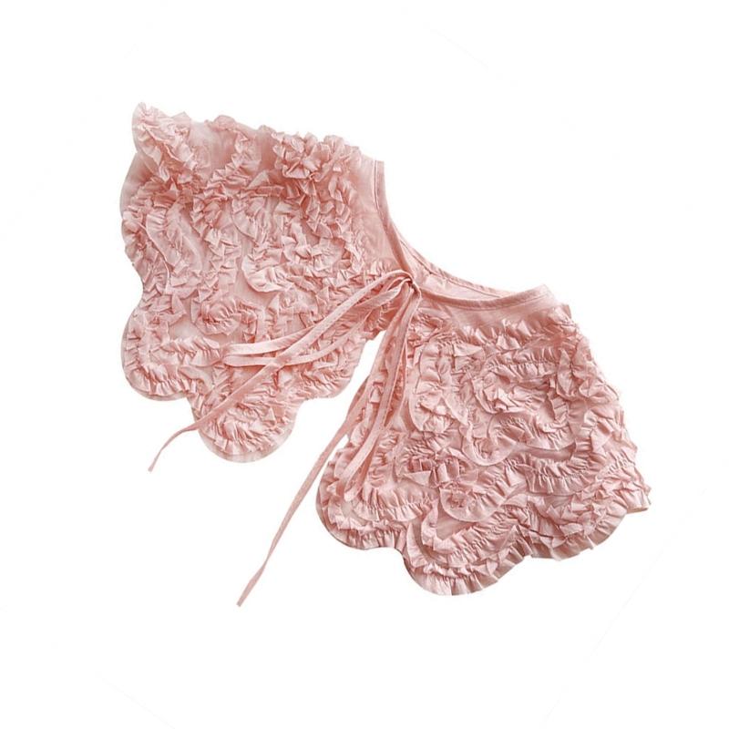 Womens Summer Sweet Ruffled Ruched Pink Detachable Fake Collar Elegant Jacquard Lace Up Bowknot Shawl Wrap Scarf Capelet