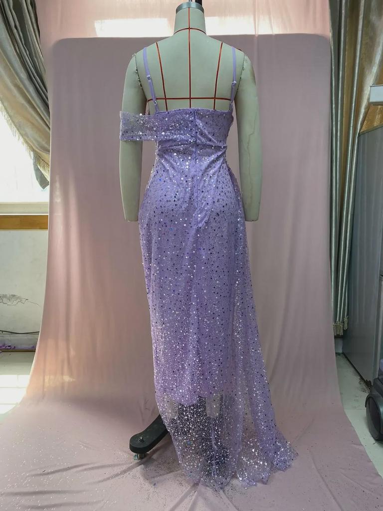 Женское вечернее платье в европейском и американском стиле 2025 года: Разрез с пайетками, неровный подол, длинная юбка с подтяжками