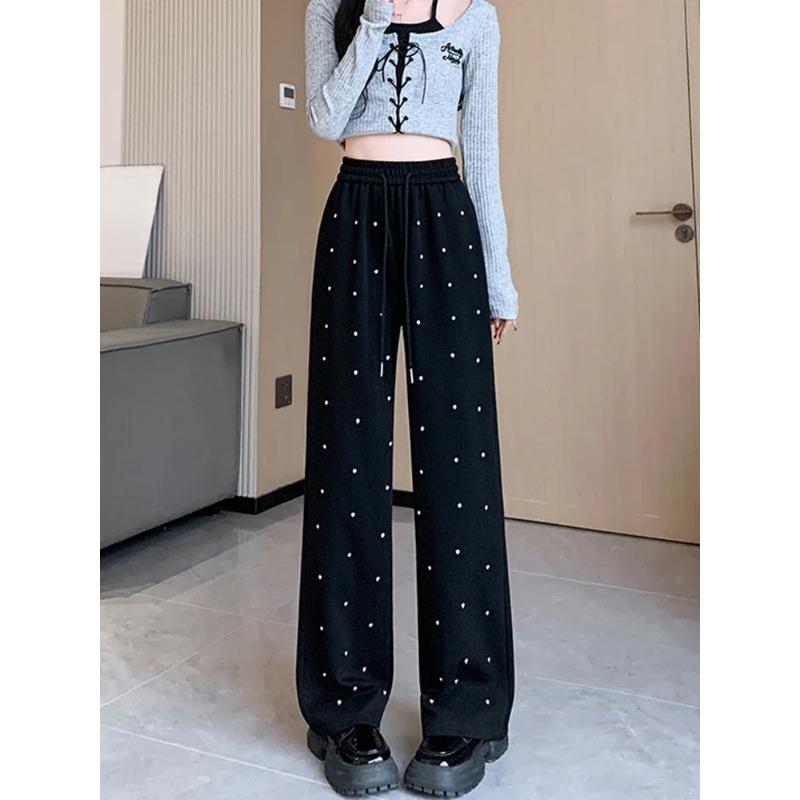 Heavy Industry Hot Diamond Wide Leg Pants for Women's Spring New Casual High Waist Loose Straight Tube Drop Floor Dragging Pants