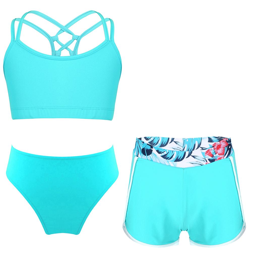 Girls 2 Piece Swim Set Strappy Back Crop Top Elastic Briefs Swim Shorts Beach Pool Sun Outfit