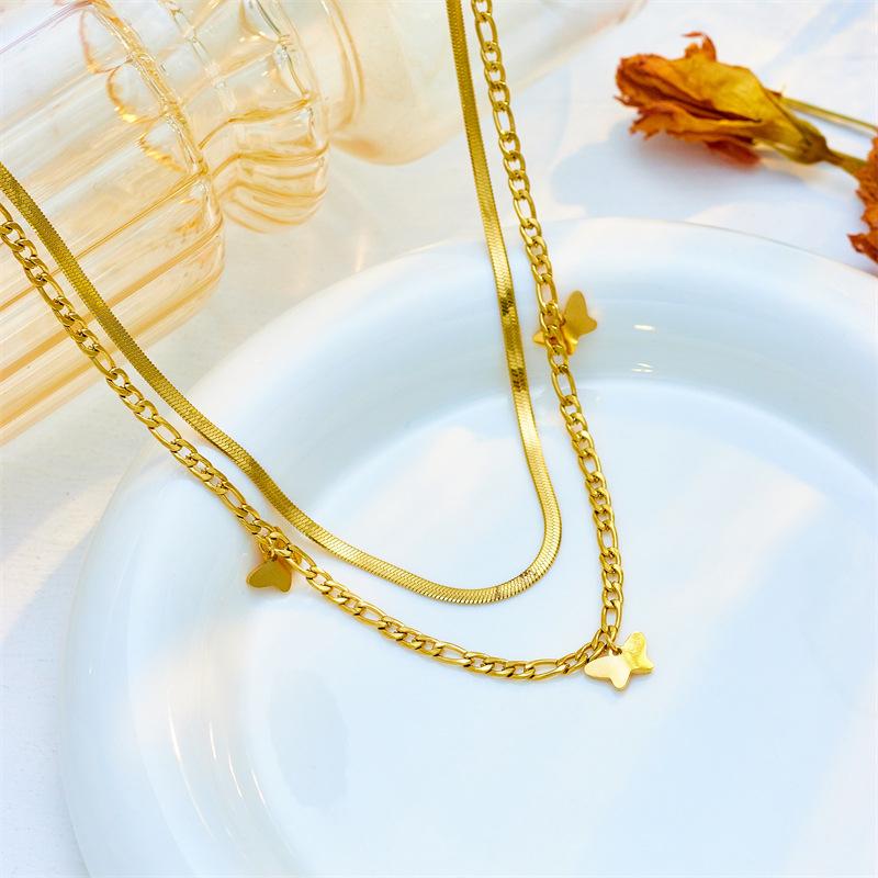 316L Stainless Steel New Fashion Fine Jewelry 2-Layer Welding Three Only Butterfly Charm Chain Choker Necklace Pendant For Women