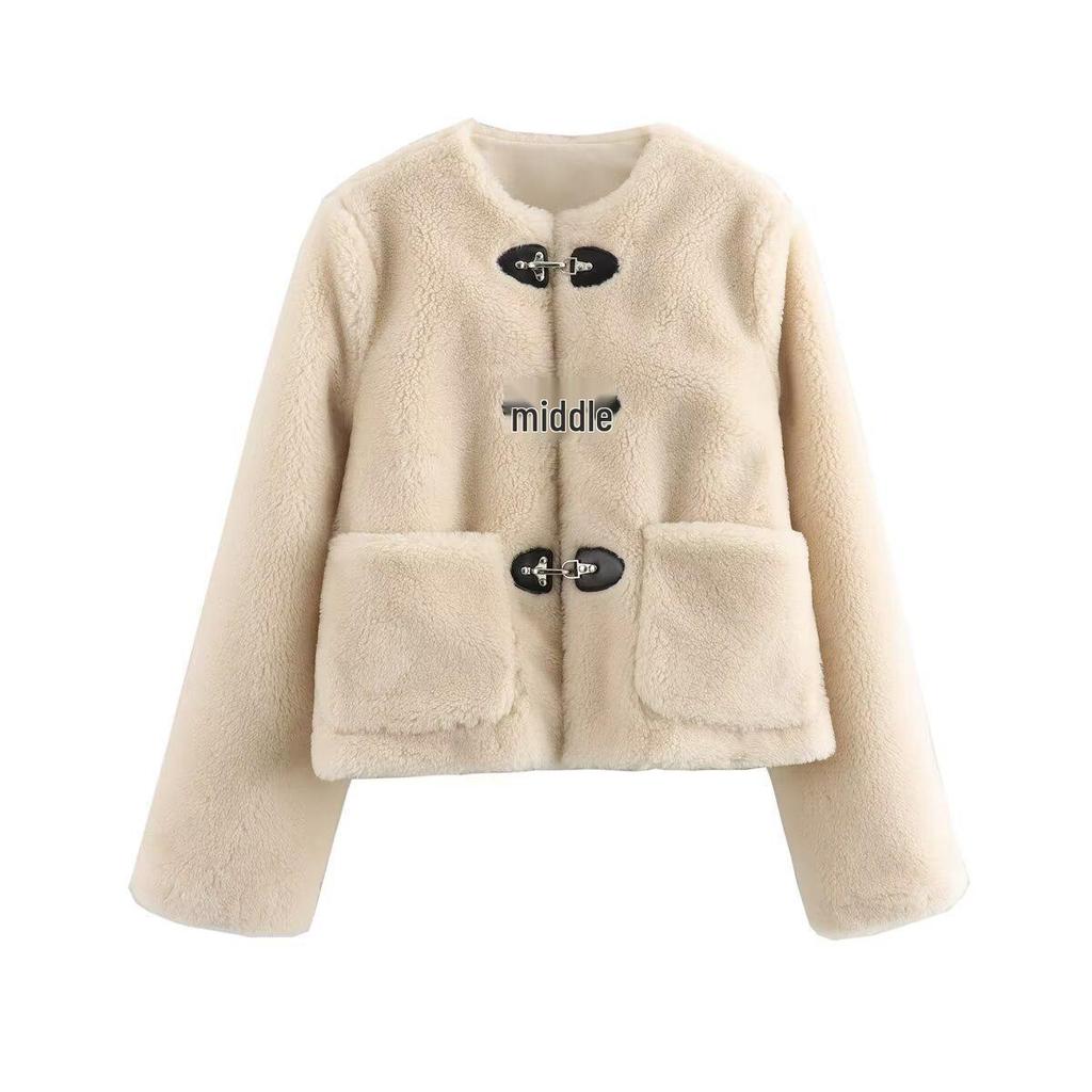 European & American Fashion Women's Fleece Jacket 2025 - Winter/Spring, Casual, Wide Pocket, Buckle Decor, X924003