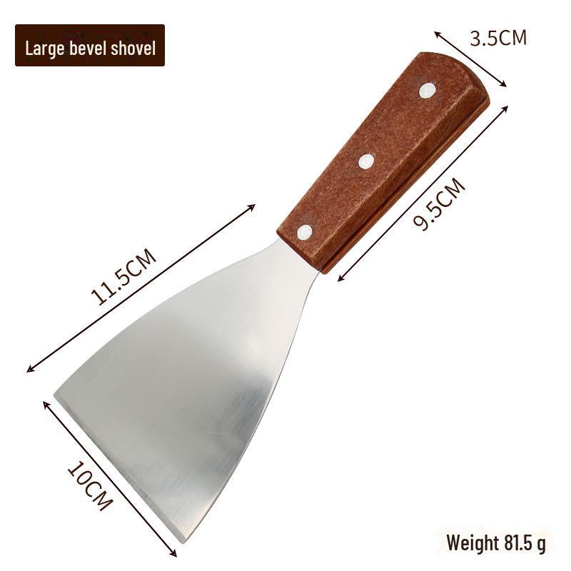 Лопатка для теппаньяки и пиццы из нержавеющей стали с деревянной ручкой, идеально подходит для стейков и кухонных приспособлений, имеет прорезной и наклонный дизайн.