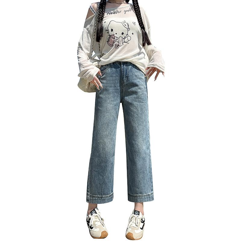 Summer new jeans women's small eight-point high-waisted and thin straight-leg wide-leg pants