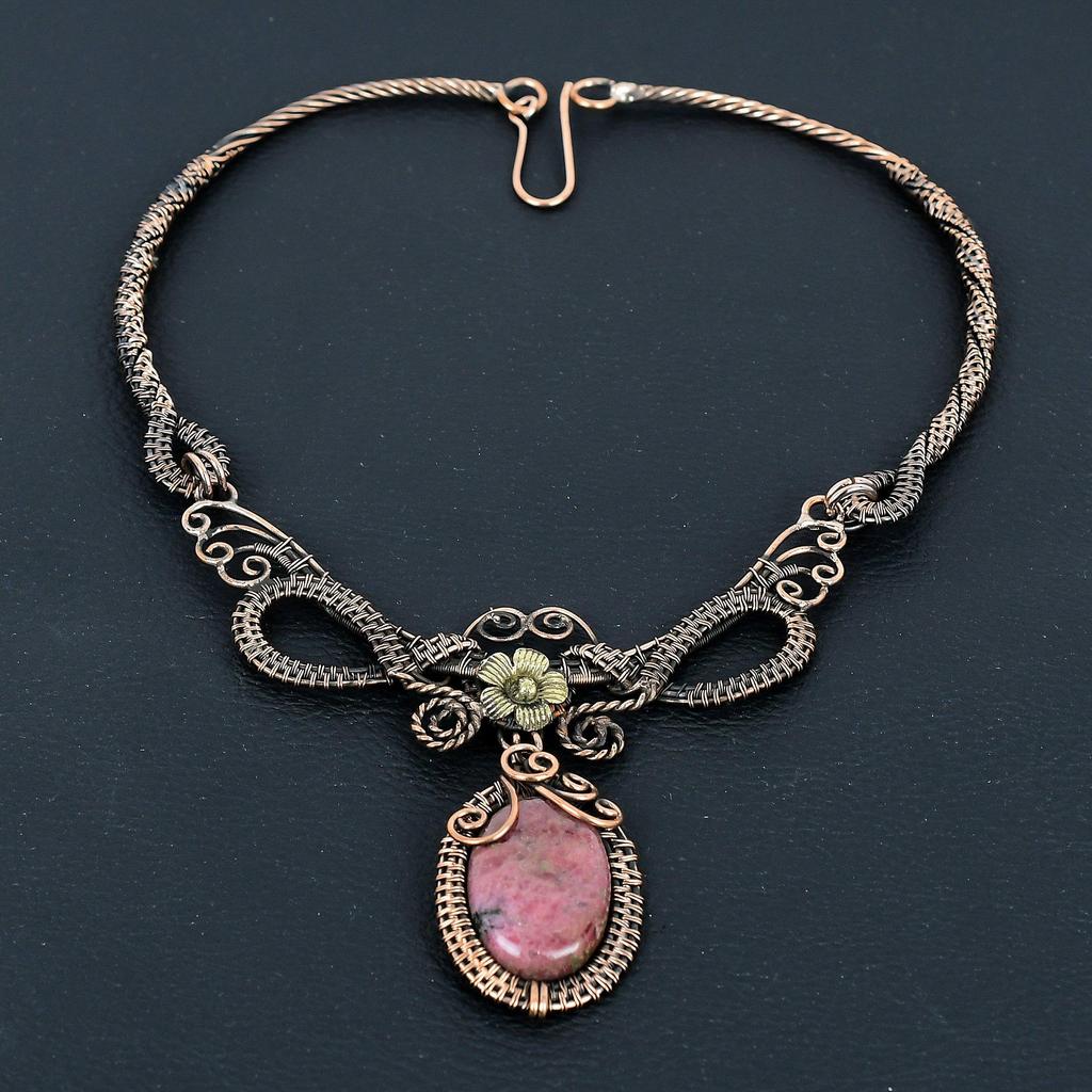 Родонитовая подвеска, ювелирное изделие из драгоценного камня, подвеска, обернутая медной проволокой 999 пробы, регулируемая цепочка ручной работы, подарок для жены, ювелирное изделие
