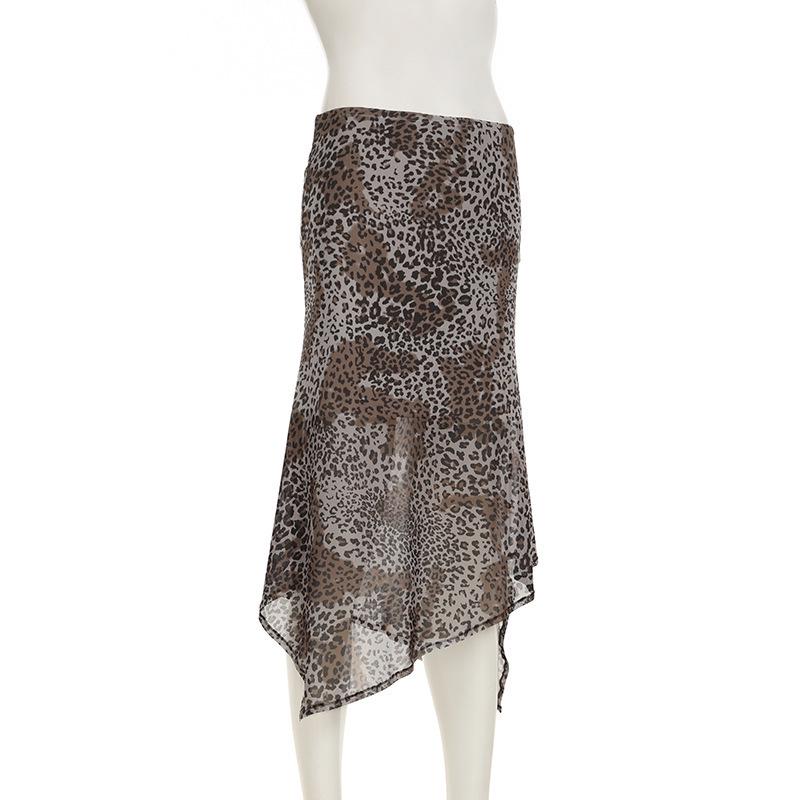Осень/Зима 2024 Европейский и Американский Стиль Леопардовый Принт Сетка Асимметричная Длинная Юбка
