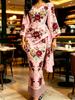 Women's Pink Vintage Rose Print V Neck Wrap Maxi Dress Ruched Waist Kimono Sleeve Elegant Dress