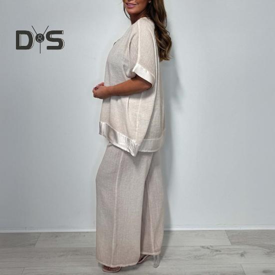 Женский повседневный комплект из двух частей, большой размер, топ с V-образным вырезом и короткими рукавами, широкие брюки, летний свободный комплект для отдыха