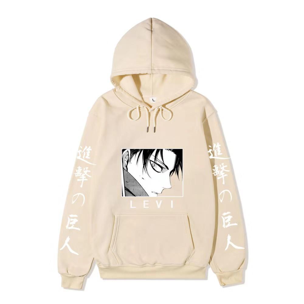 Anime Attack on Titan Levi Ackerman Hoodie, Double Sleeve Japanese Text Print Pullover Sweatshirt Long Sleeve Streetwear for Men Women