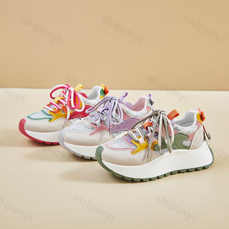 Мода 2025 Весна Новая Женская Обувь Нескользящая Повседневная Обувь Дышащая Сетка Удобные Кроссовки На Шнурках Увеличение Роста Вулканизированная Обувь