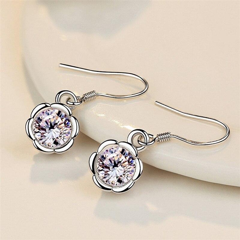 925 Sterling Silver Zircon Flower Drop Earring For Women Girls Wedding Elegant Trendy Jewelry Pendientes Eh245