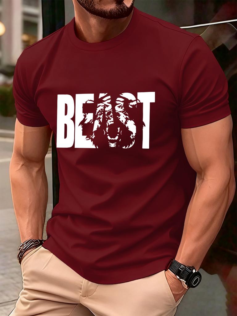 Мужские хлопковые футболки с принтом 'Beast' Летние удобные мягкие футболки Оверсайз с круглым вырезом с коротким рукавом Базовая мужская одежда