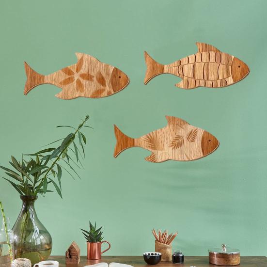 3Pcs/Set Bathroom Fish Wall Decoration, Rustic Wooden Fish Wall Art Sculpture, Nautical Wall Hanging Ornament for Beach Lake House