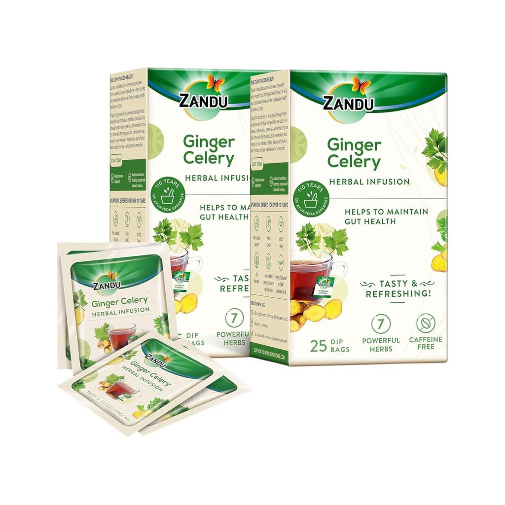 Zandu Ginger Celery Herbal Infusion Tea Pack of 25 X 2 | Ayurvedic Digestive & Refreshing Wellness Blend
