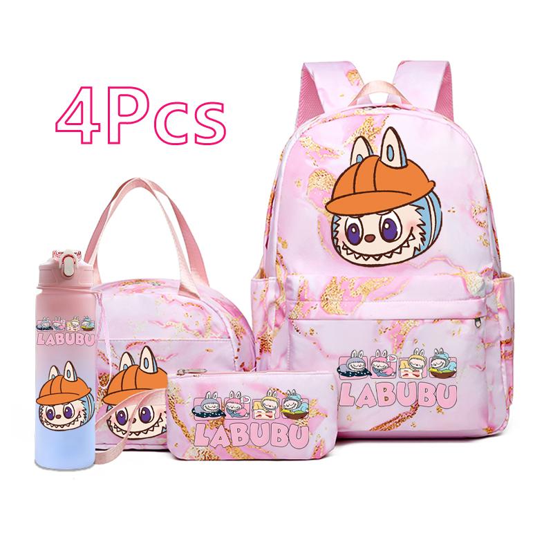 4Pcs/set Cute Anime Printed Backpack Lunch Bag Pencil Bag 750Ml Water Bottle Girl Student Large Capacity Waterproof Schoolbag