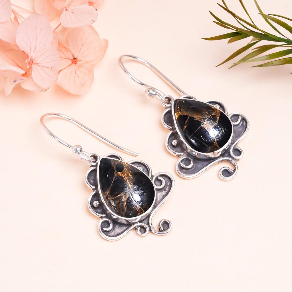 Медные серьги из стерлингового серебра 925 пробы с черным обсидианом V9831, черные серьги, серьги-груши, подарок на День святого Валентина, подарок для нее, подарок на день рождения, украшение ручной работы