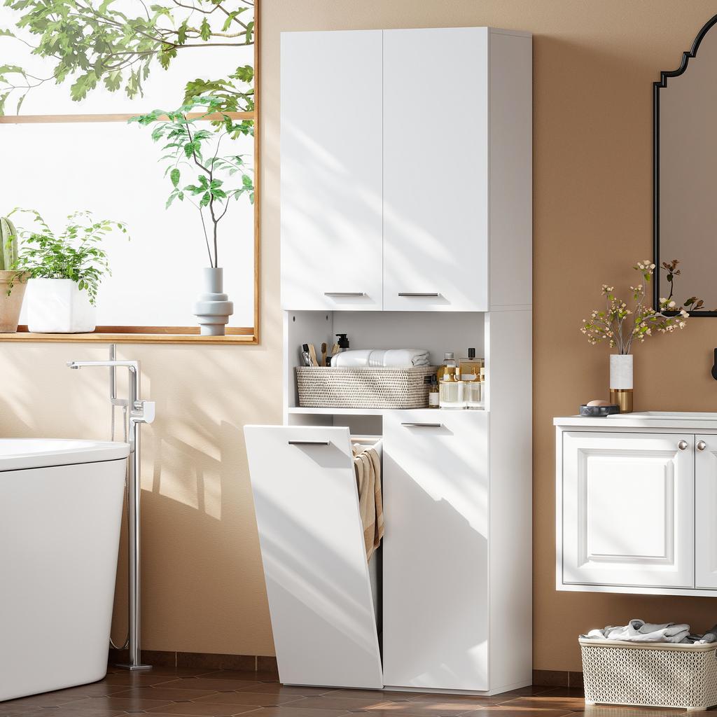 174 cm High Bathroom Cabinet with Fold-out Laundry Basket and Soft-Close Doors, White