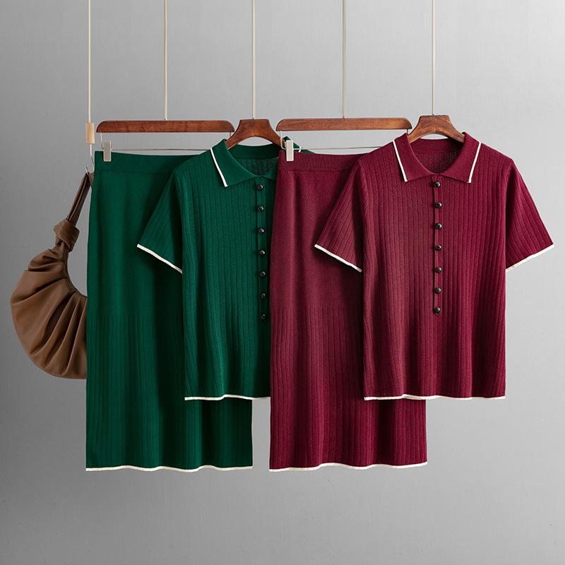 Женский новый летний костюм из двух частей с воротником-поло и трикотажной юбкой