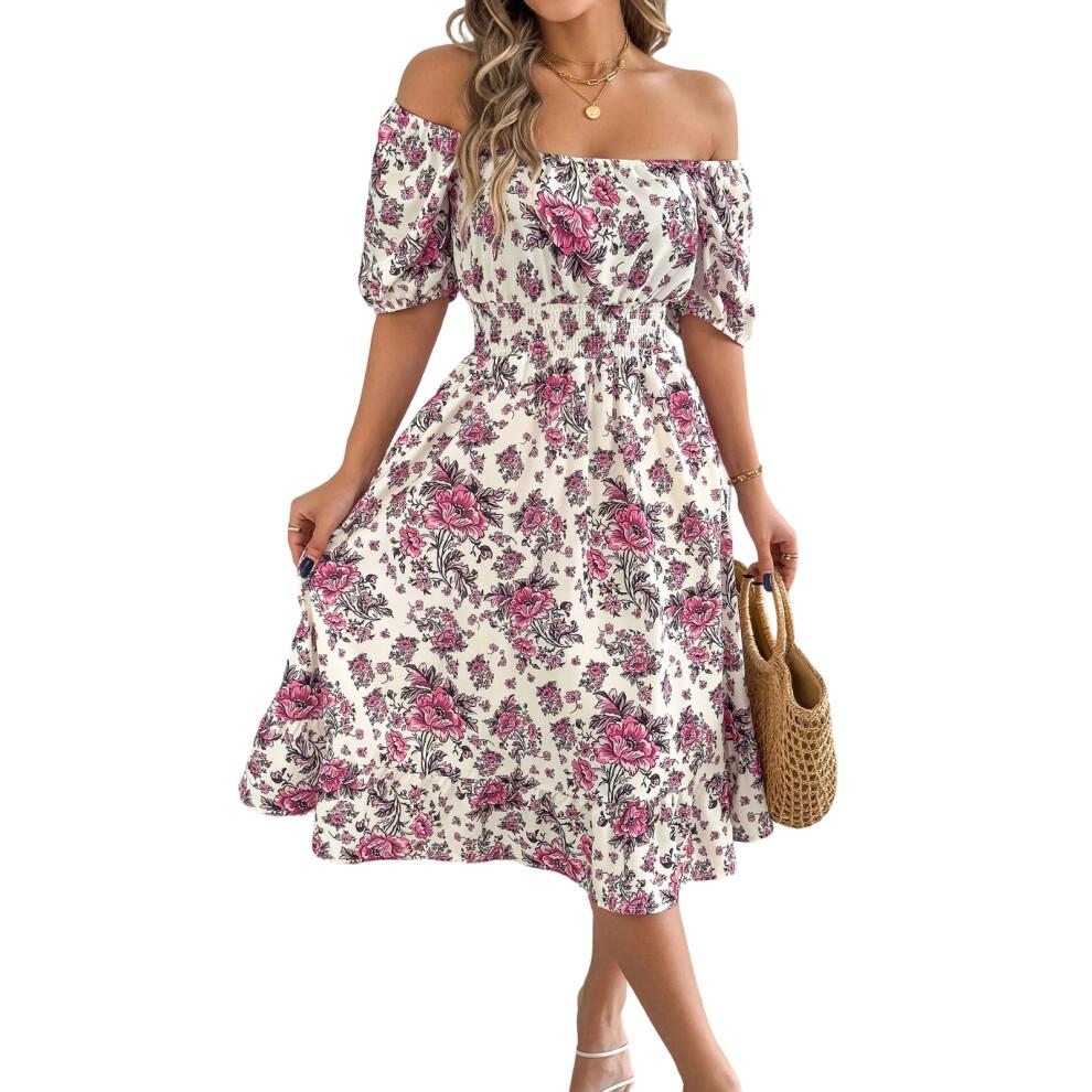 Women's Bohemian Square Neck Puff Sleeve Short Sleeve-White S