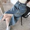 Split Irregular Women Raw Edge Vintage Casual Mid-Length High Waist A-line Package Hip Skirt Versatile Comfortable Fashion Denim Bustier Skirt