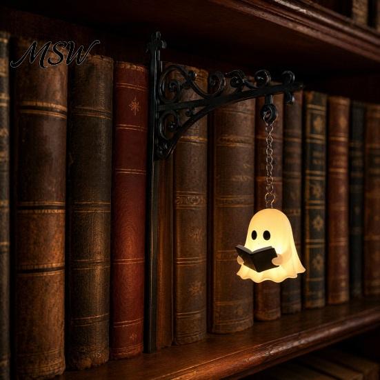 Versatile Hanging Decor Ghost Reading Bookshelf Light, Cute Lamp, Retro Cozy Nook Light Bookends for Halloween Library Study Shape Night