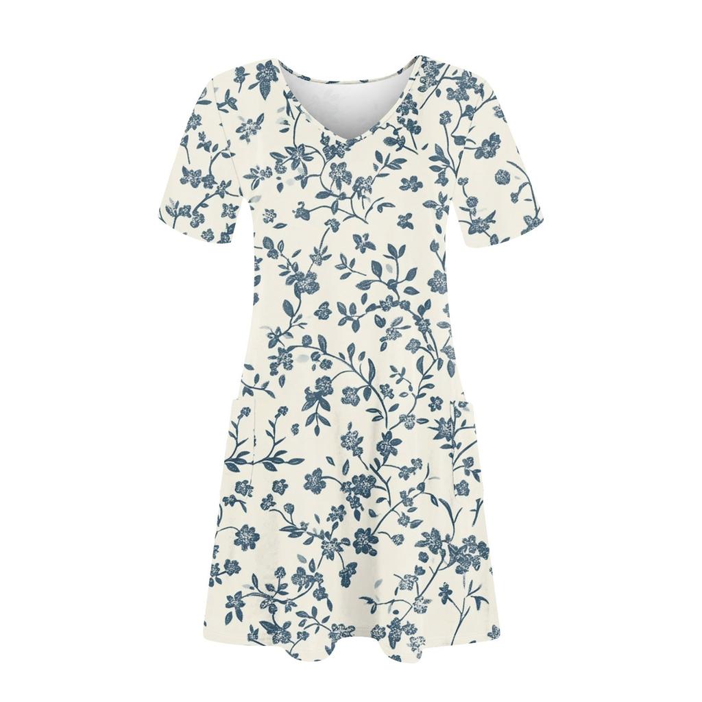 Women's Summer Fashion Casual V-Neck Floral Print Short Sleeve Pocket Dress