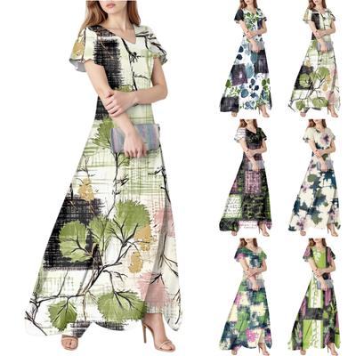 Женское весенне-летнее повседневное модное платье с цветочным принтом и коротким рукавом, V-образный вырез